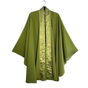 Vintage Tally Taylor Womens Jacket 18W Green Open Front Kaftan Sleeve Satin Trim